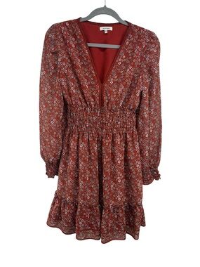 Max Studio Ruffle V Neck Smocked Floral Prairie Mini Dress Womens Small